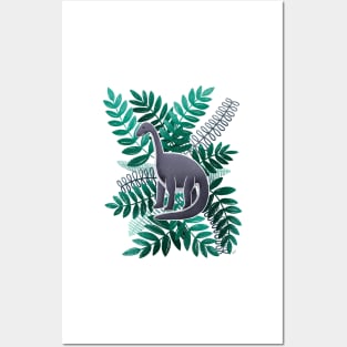 Dinosaur & Leaves - Teal Posters and Art